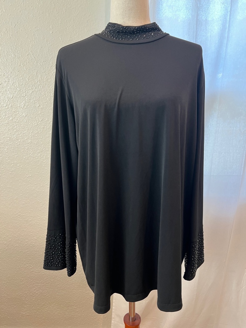 Susan Graver Black Long Sleeve Mock Neck Top with Embellished Trim. NWOT